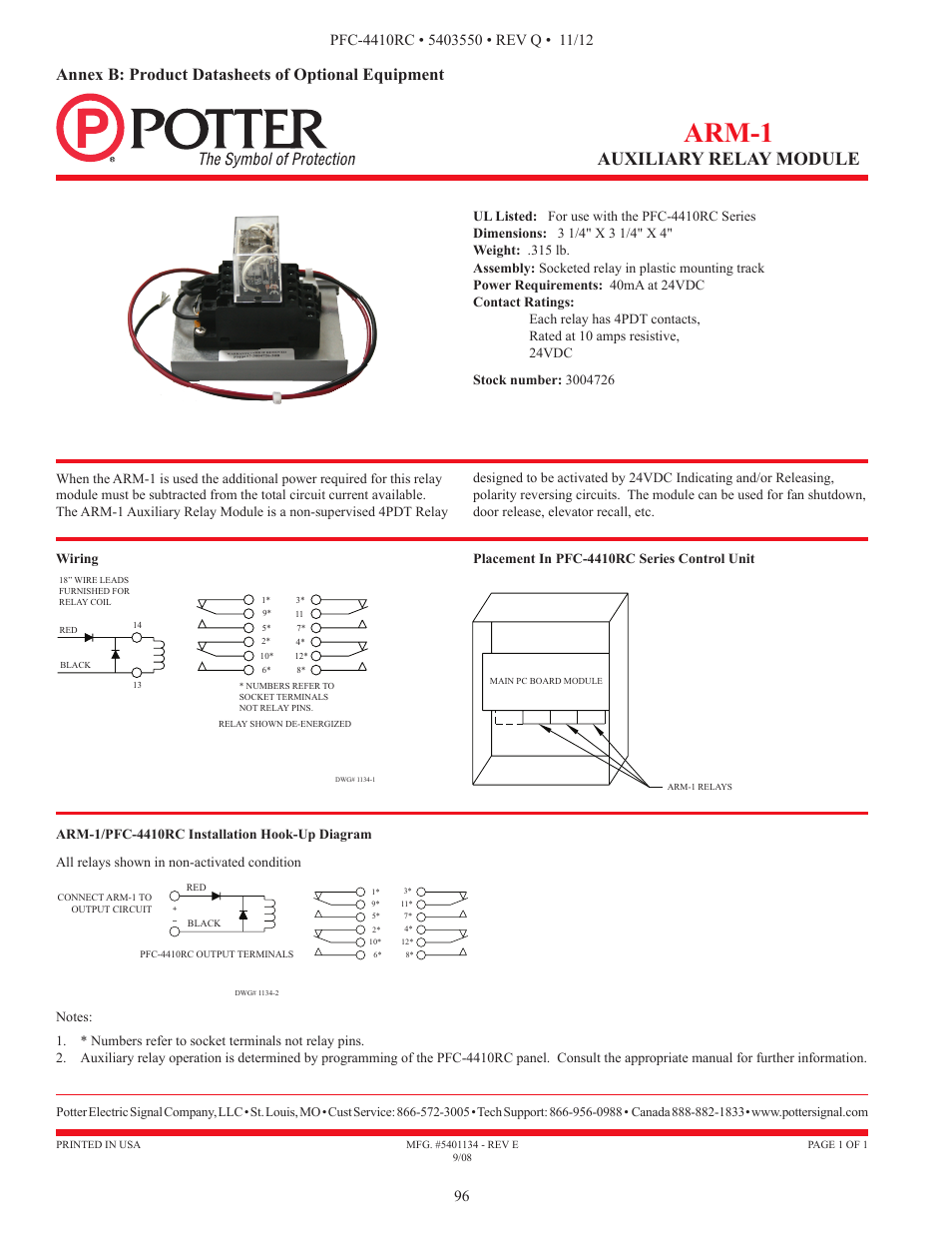 Arm-1, Auxiliary relay module, Annex b: product datasheets of optional equipment | Potter PFC-4410RC User Manual | Page 96 / 99