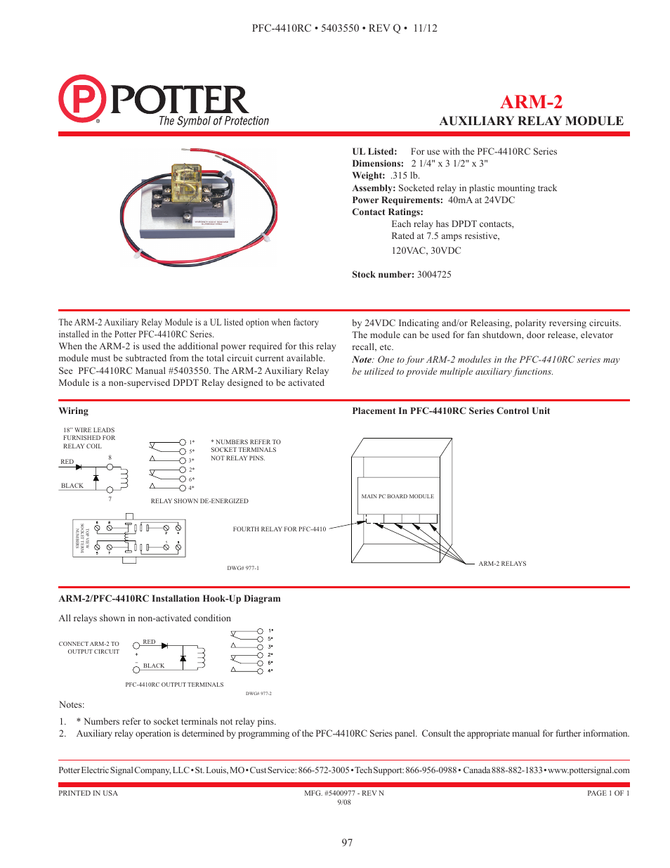 Arm-2, Auxiliary relay module | Potter PFC-4410RC User Manual | Page 97 / 99