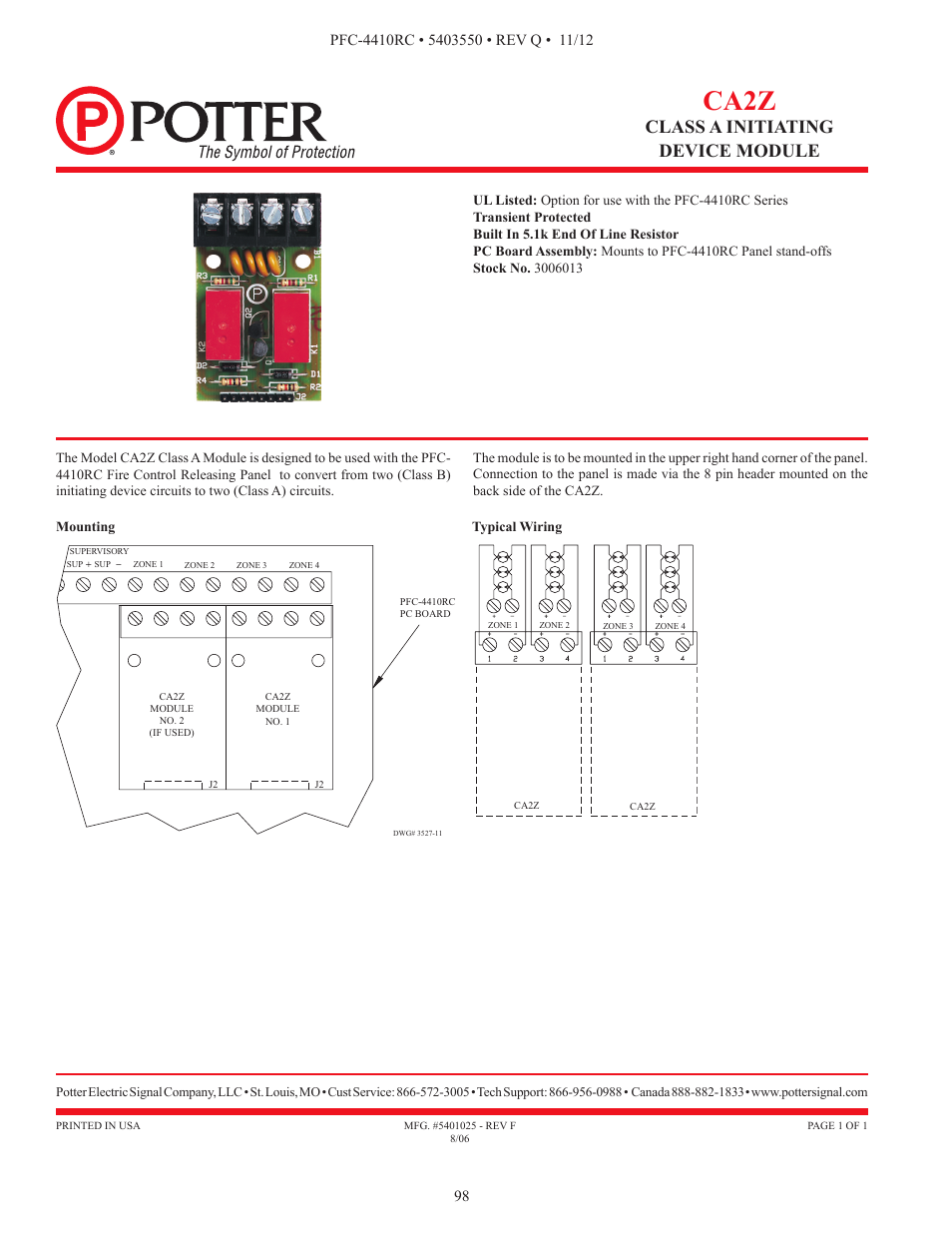Ca2z, Class a initiating device module | Potter PFC-4410RC User Manual | Page 98 / 99