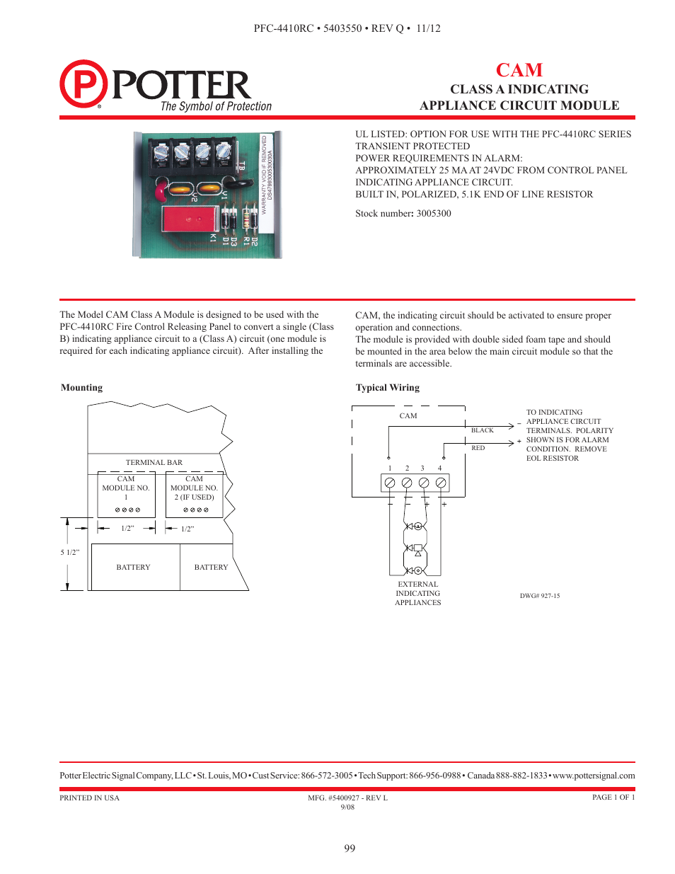 Class a indicating appliance circuit module | Potter PFC-4410RC User Manual | Page 99 / 99