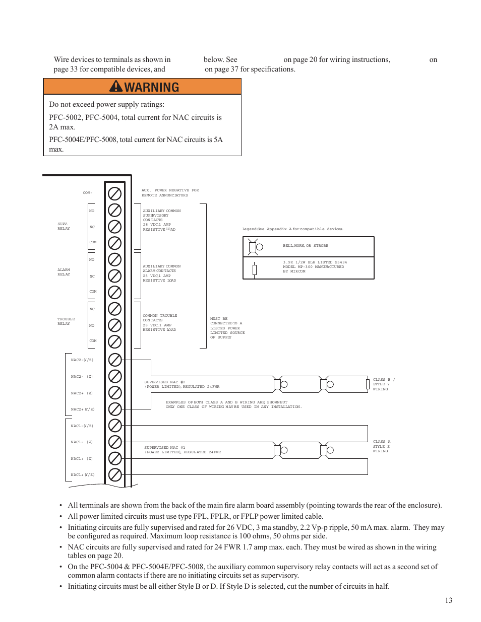 Main fire alarm module terminal connections | Potter PFC-5000 Series User Manual | Page 17 / 44