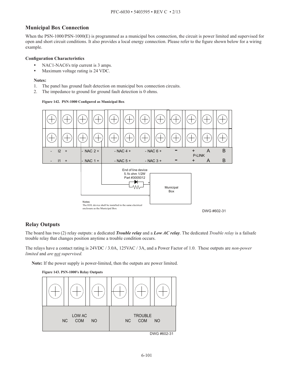 Municipal box connection, Relay outputs | Potter PFC-6030 User Manual | Page 107 / 122