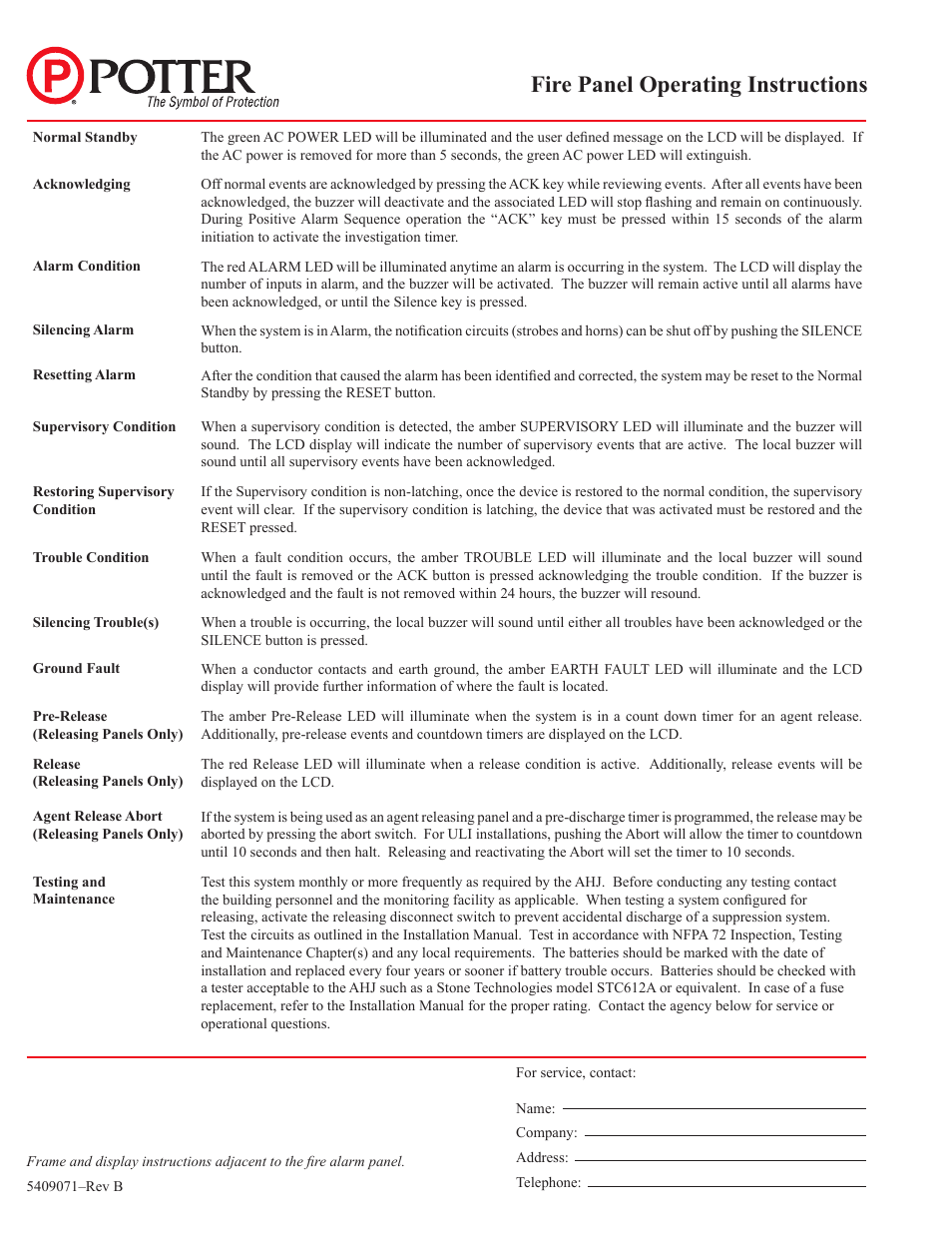 Fire panel operating instructions | Potter PFC-6030 User Manual | Page 122 / 122