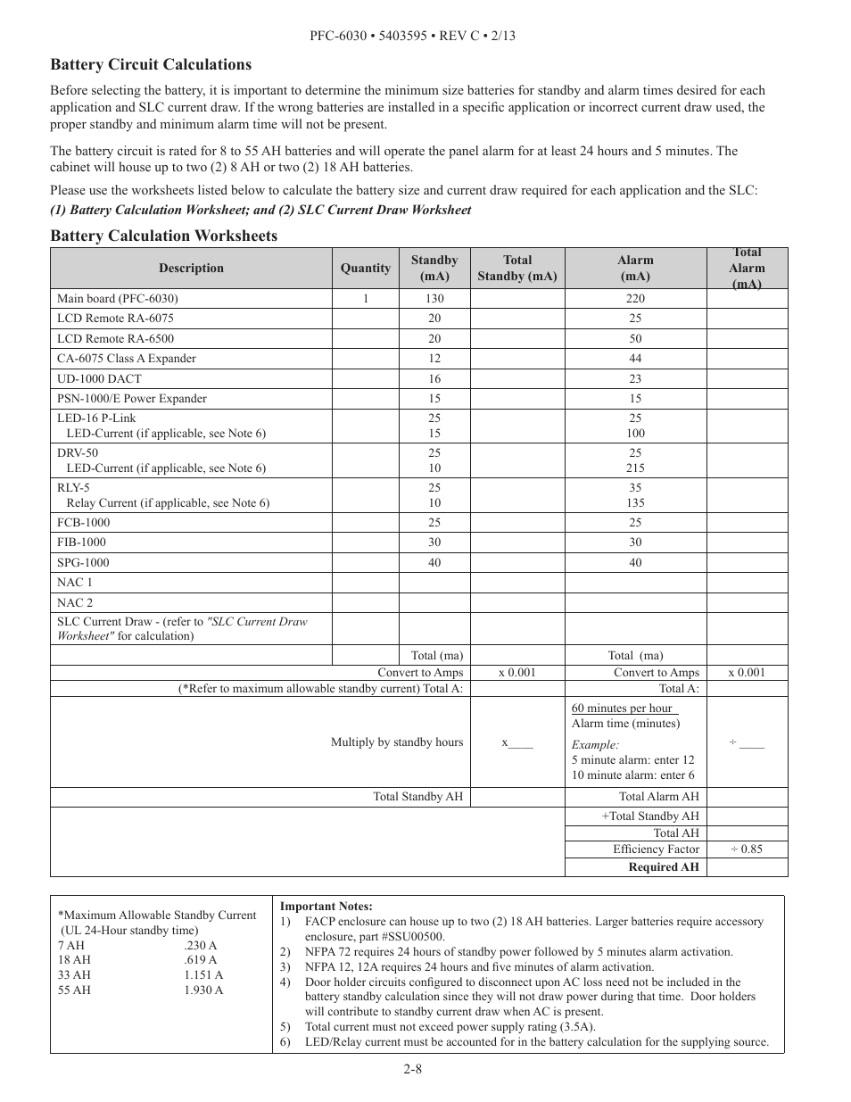 Battery circuit calculations, Battery calculation worksheets | Potter PFC-6030 User Manual | Page 14 / 122
