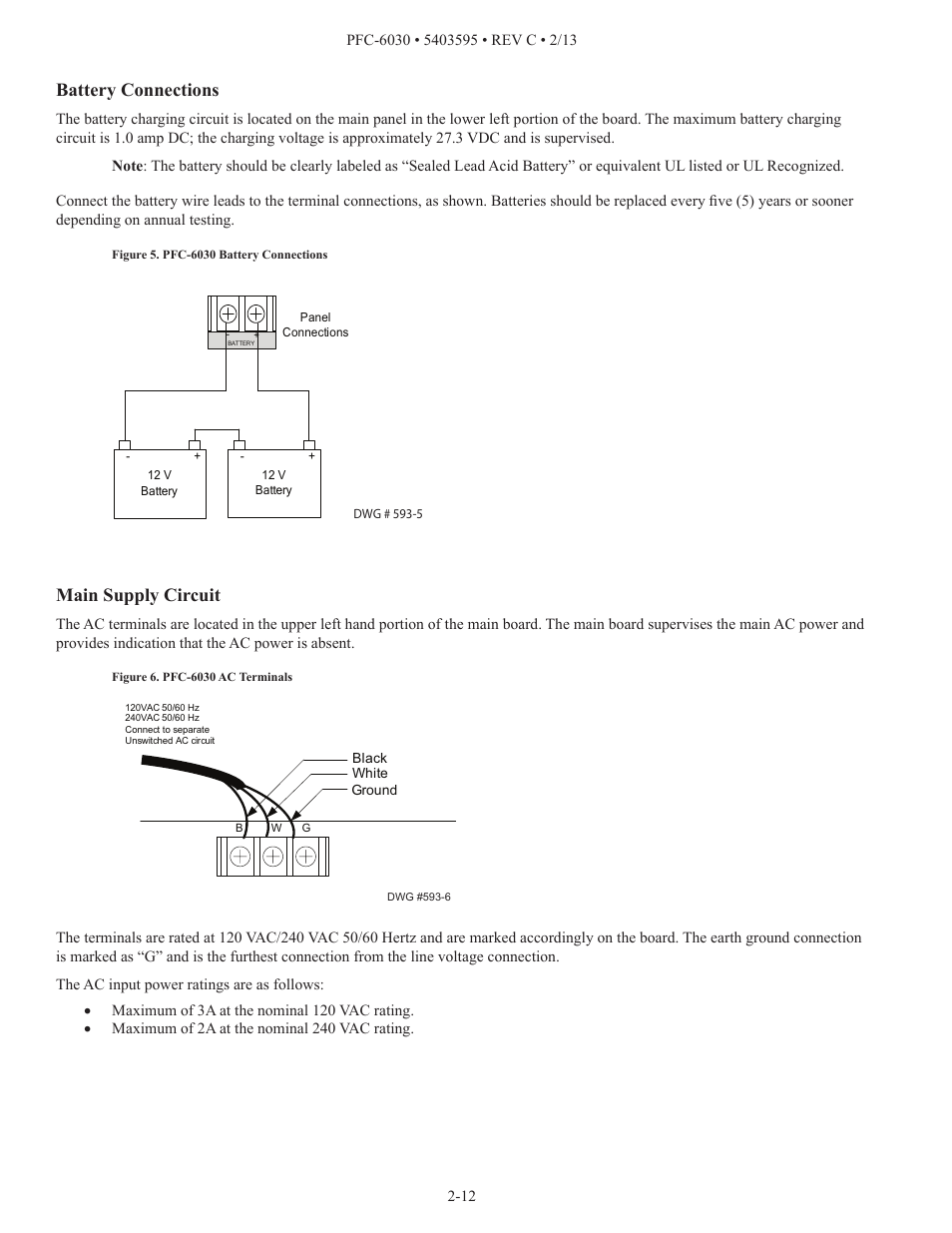Battery connections, Main supply circuit | Potter PFC-6030 User Manual | Page 18 / 122
