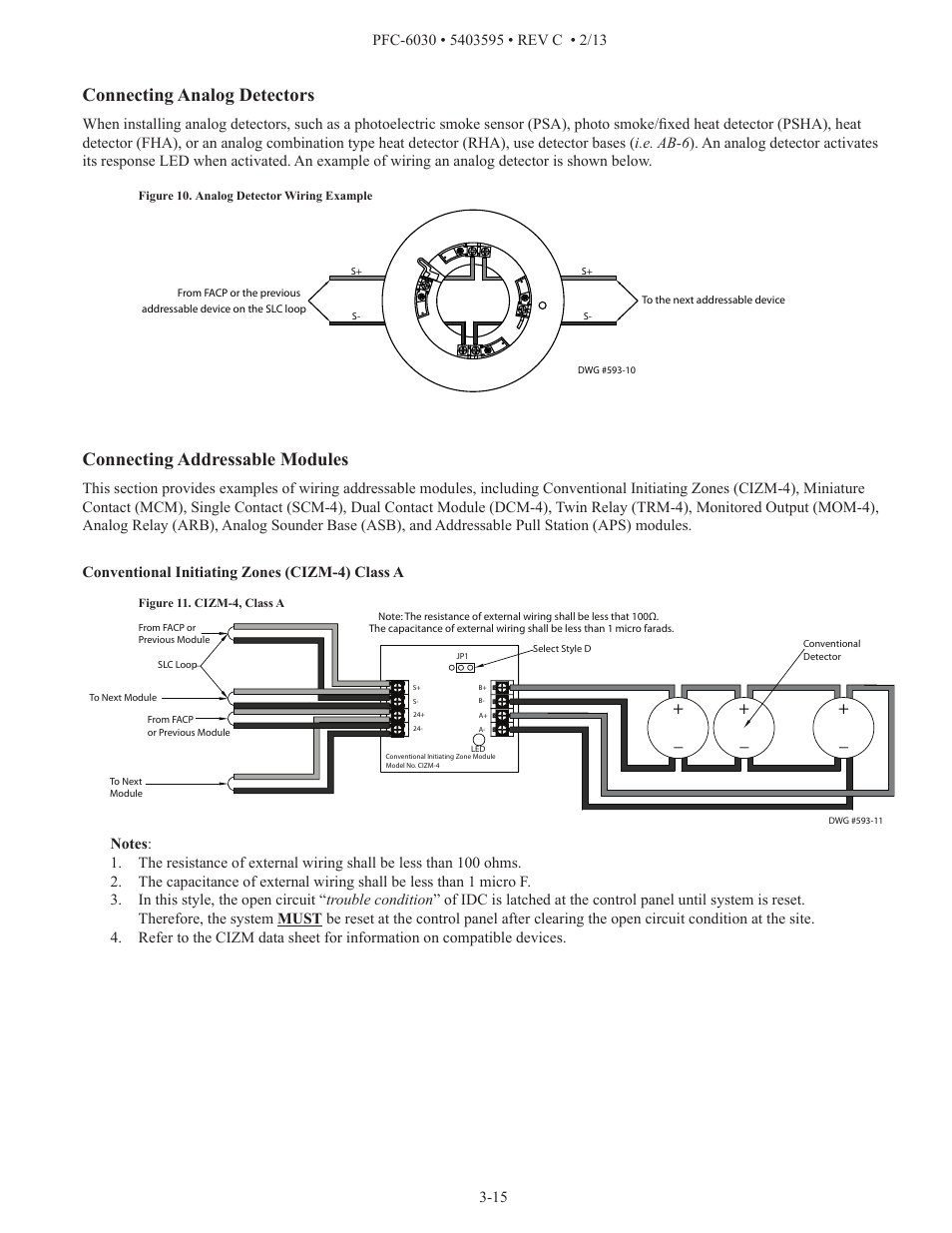 Connecting analog detectors, Connecting addressable modules | Potter PFC-6030 User Manual | Page 21 / 122