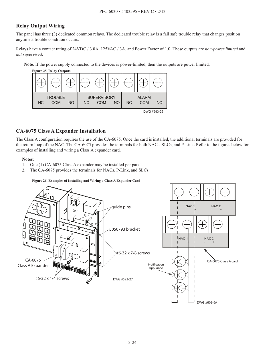 Relay output wiring, Ca-6075 class a expander installation | Potter PFC-6030 User Manual | Page 30 / 122