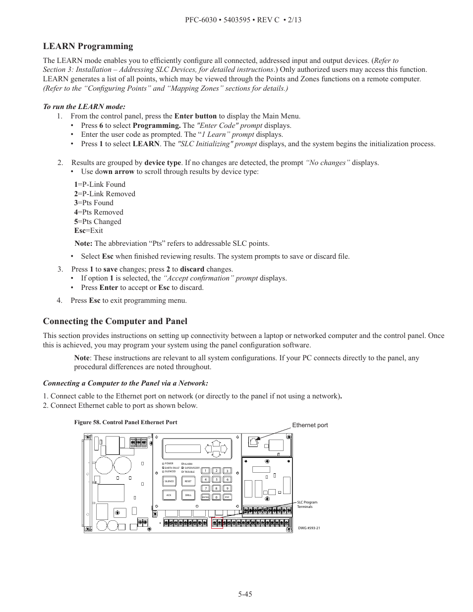 Learn programming, Connecting the computer and panel | Potter PFC-6030 User Manual | Page 51 / 122