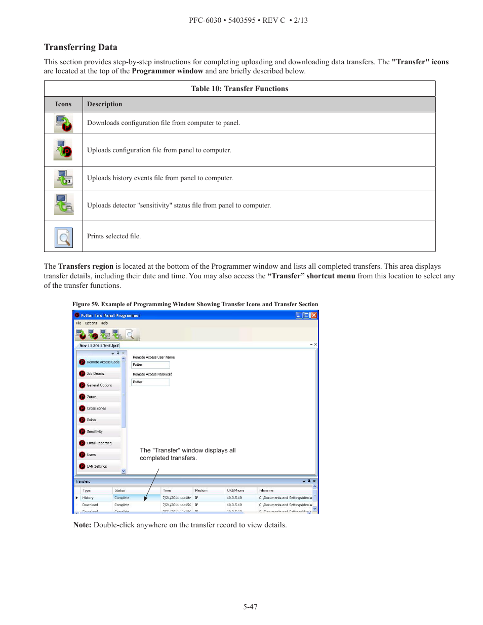 Transferring data | Potter PFC-6030 User Manual | Page 53 / 122