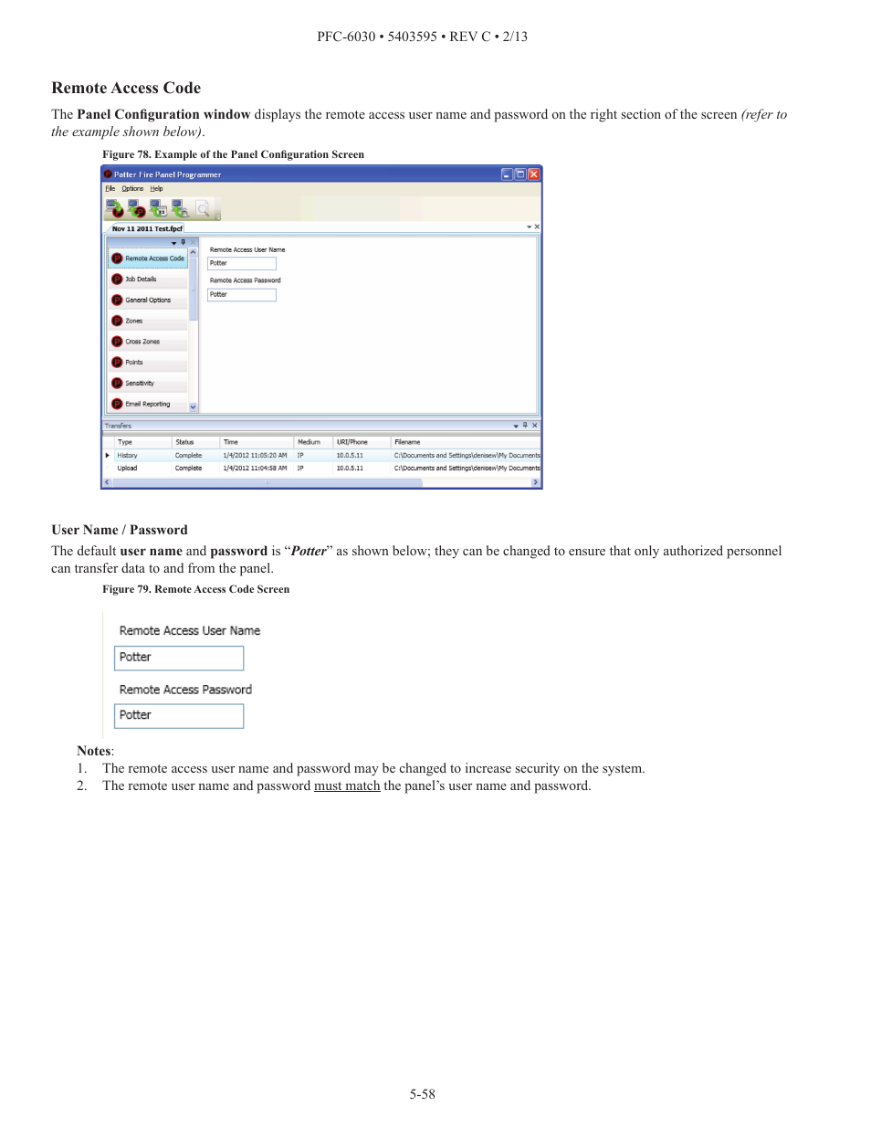 Remote access code | Potter PFC-6030 User Manual | Page 64 / 122
