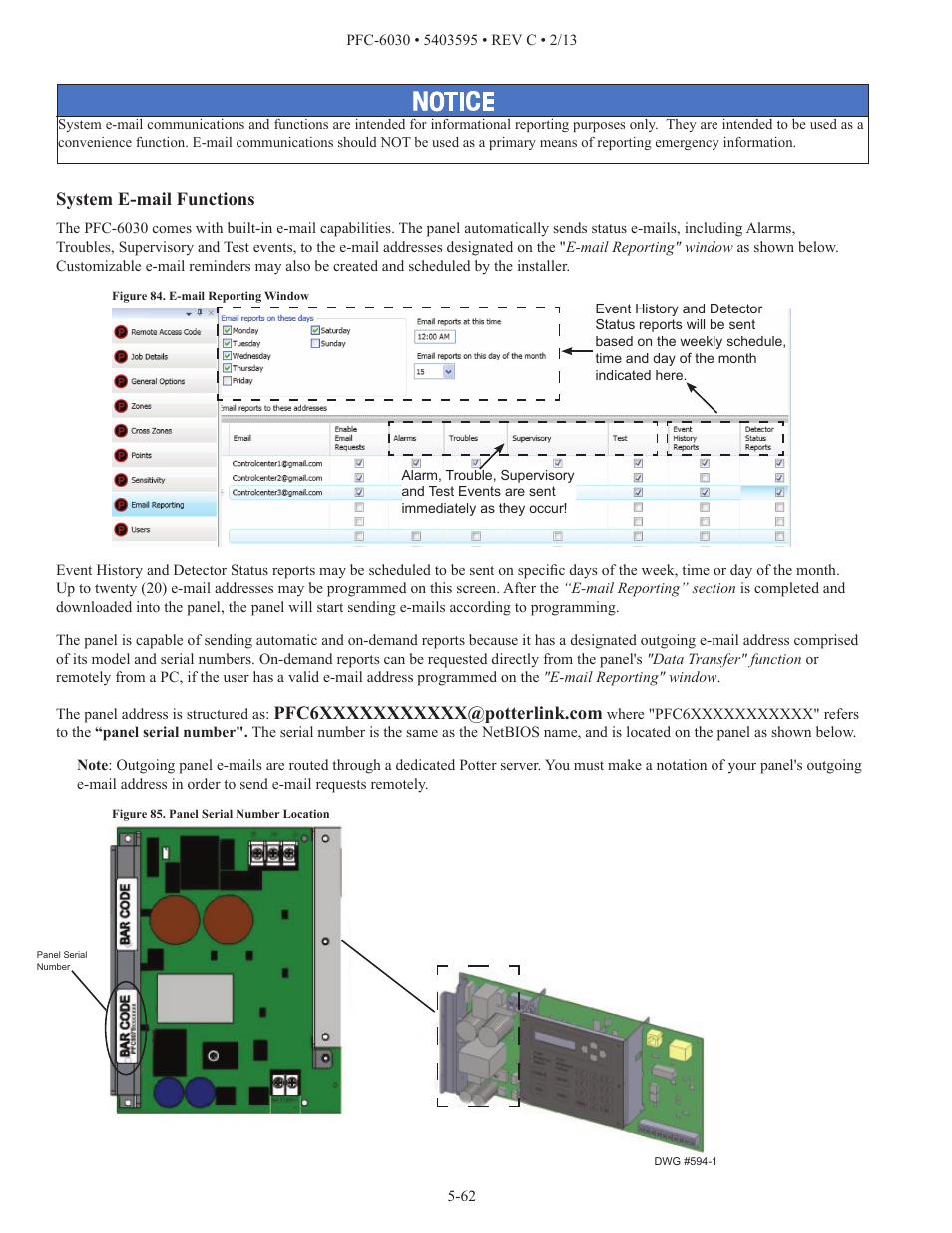 System e-mail functions | Potter PFC-6030 User Manual | Page 68 / 122