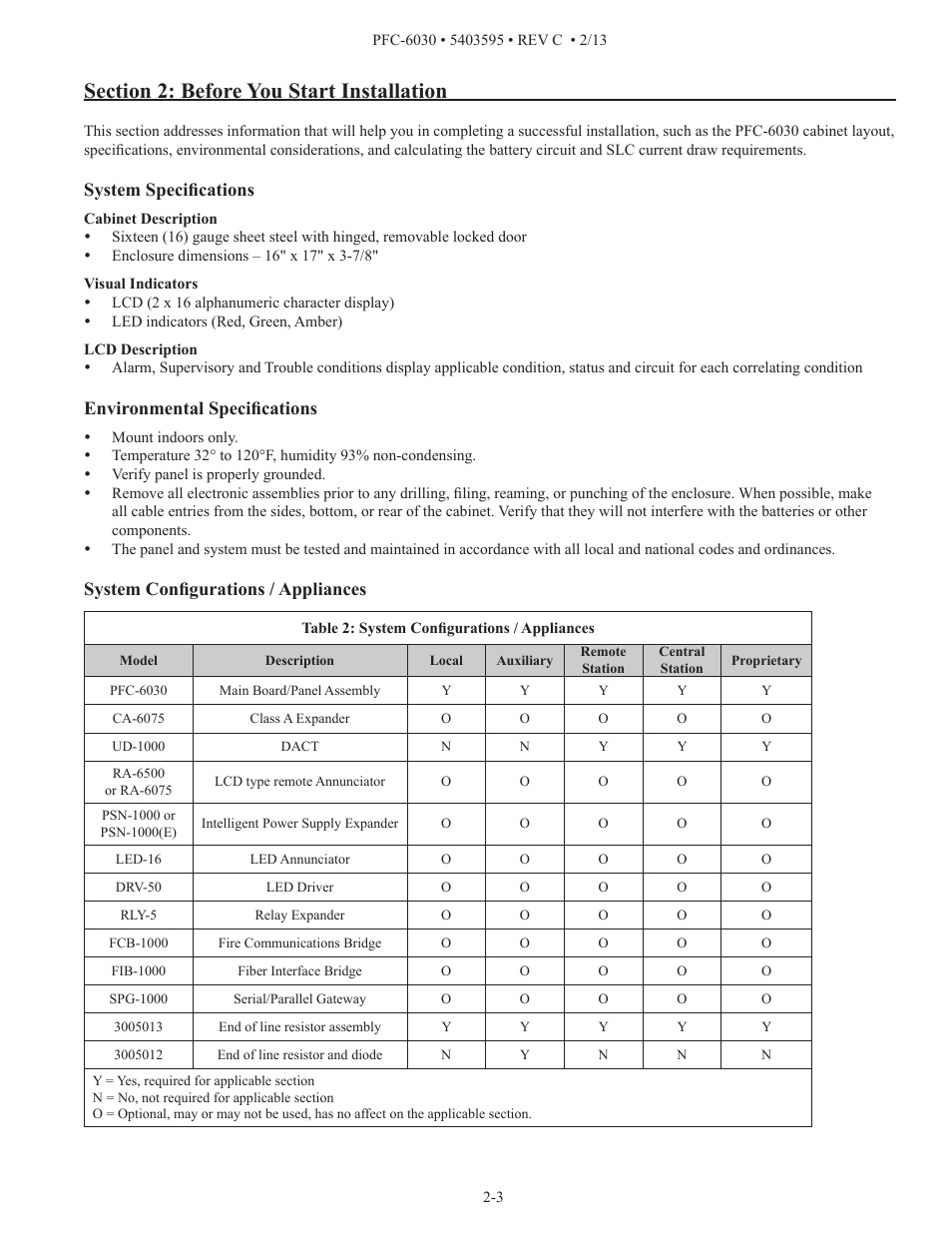 System specifications, Environmental specifications, System configurations / appliances | Potter PFC-6030 User Manual | Page 9 / 122
