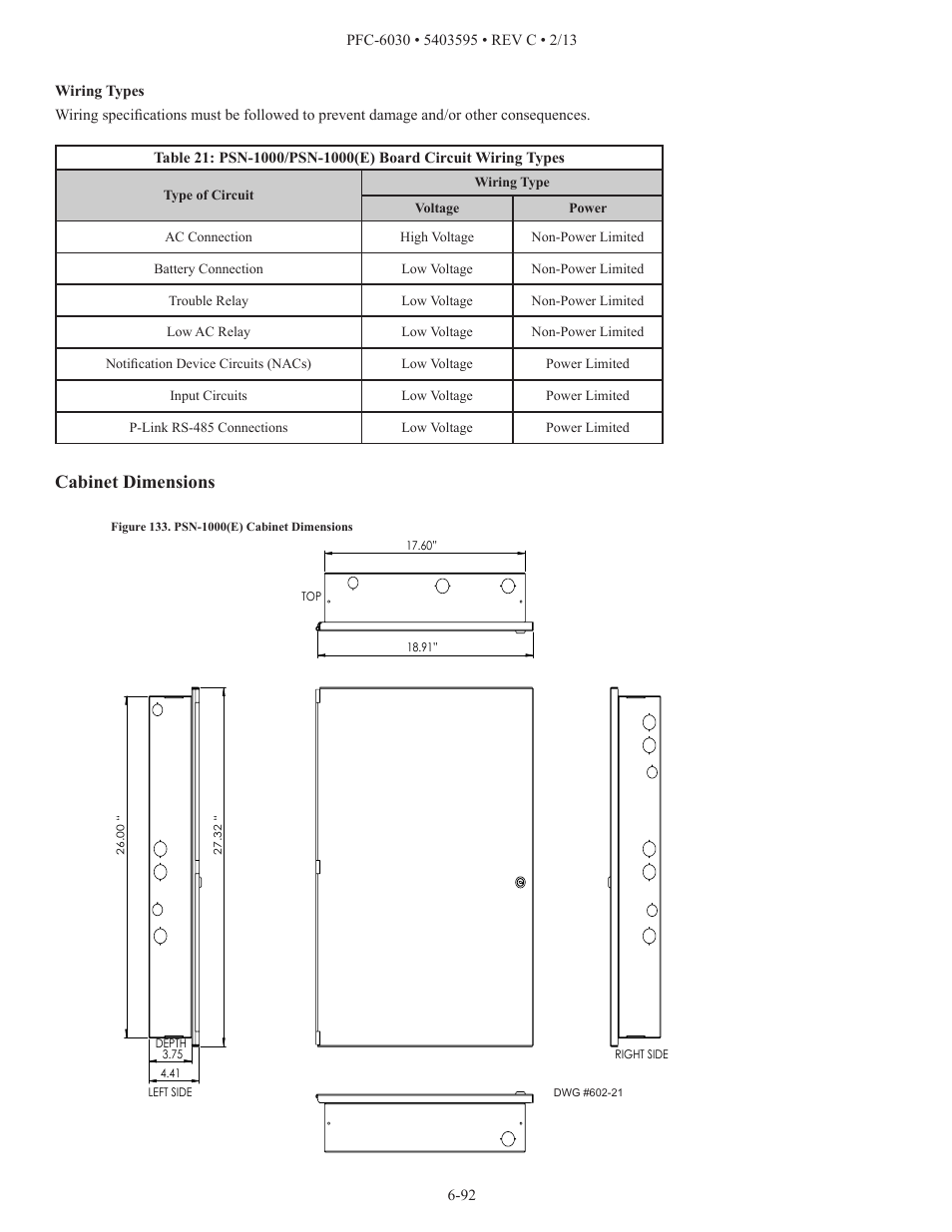 Cabinet dimensions | Potter PFC-6030 User Manual | Page 98 / 122