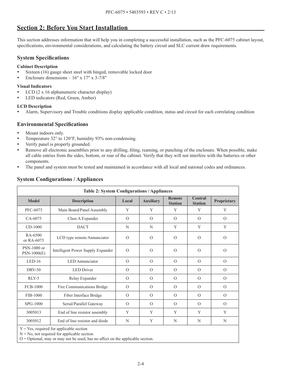 System specifications, Environmental specifications, System configurations / appliances | Potter PFC-6075 User Manual | Page 10 / 127