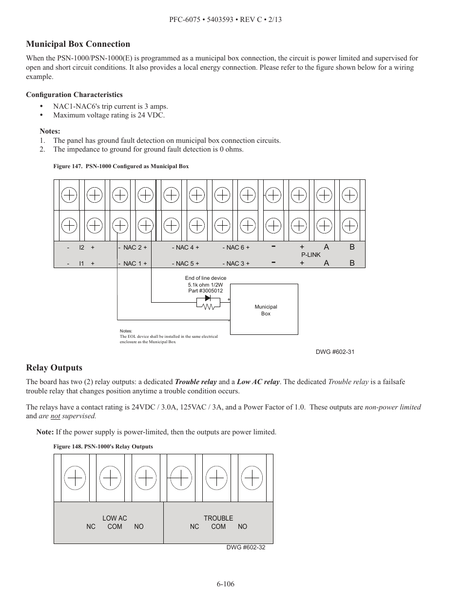 Municipal box connection, Relay outputs | Potter PFC-6075 User Manual | Page 112 / 127