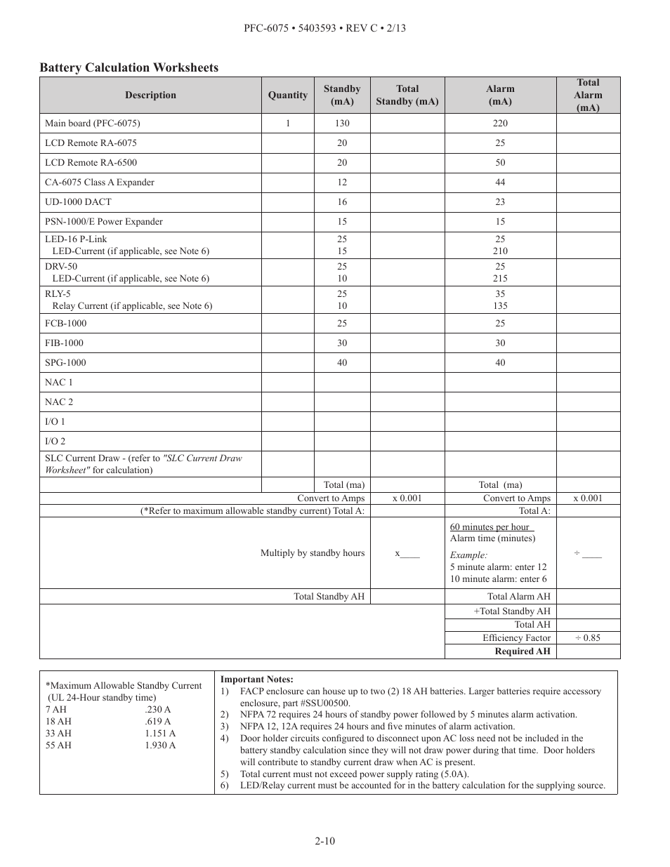 Battery calculation worksheets | Potter PFC-6075 User Manual | Page 16 / 127