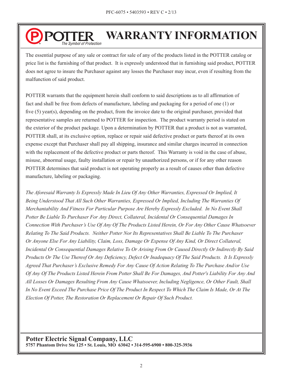 Warranty information | Potter PFC-6075 User Manual | Page 2 / 127
