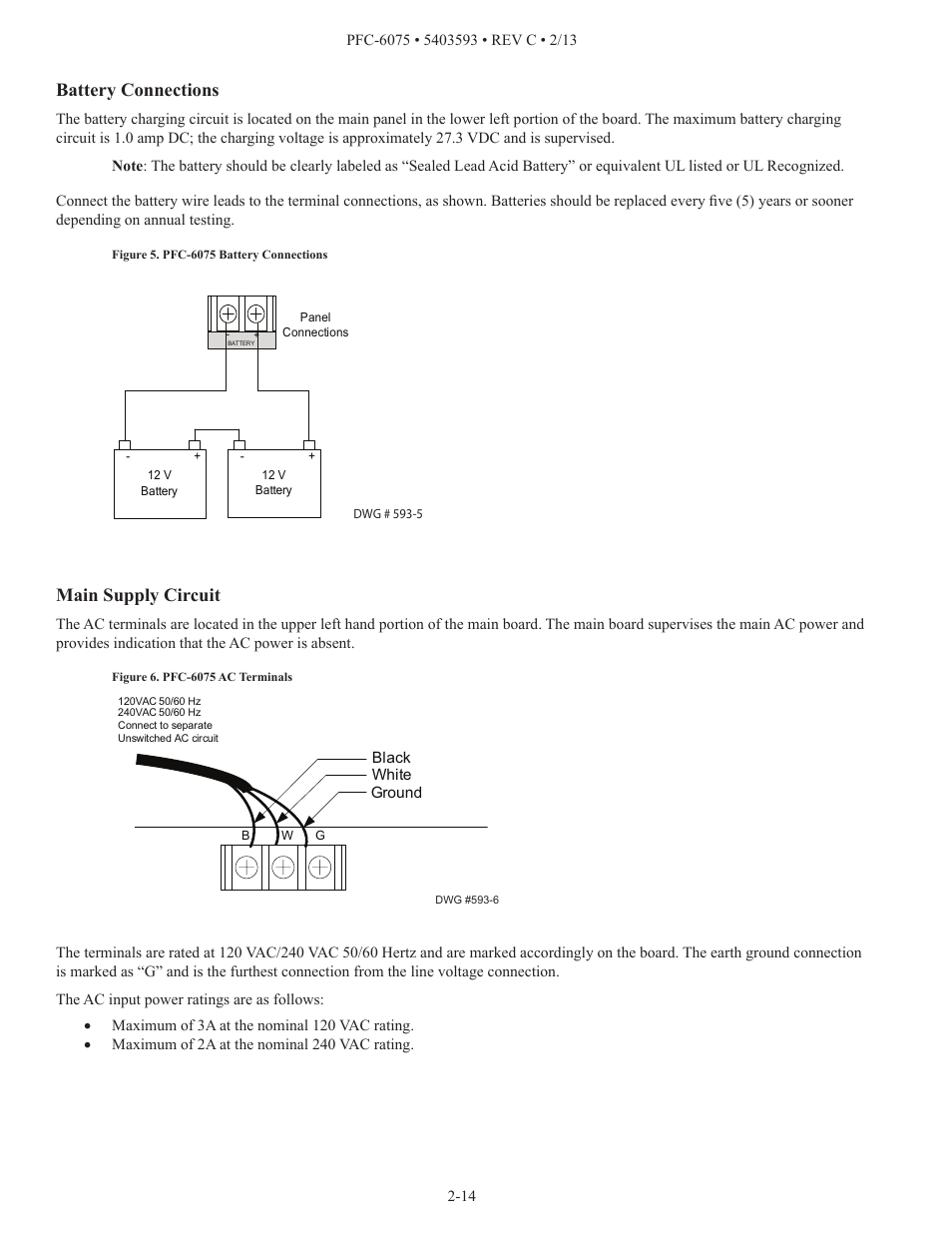 Battery connections, Main supply circuit | Potter PFC-6075 User Manual | Page 20 / 127