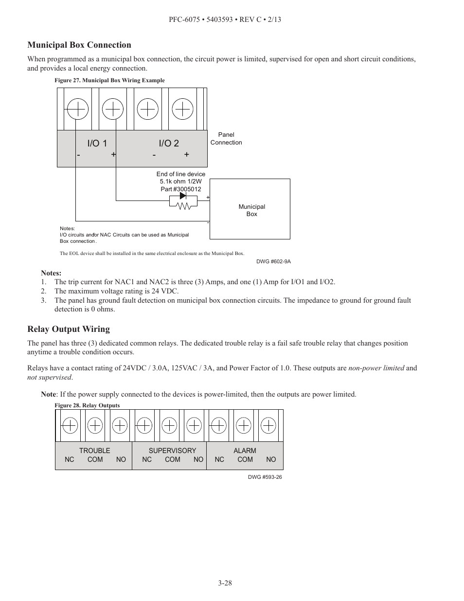 I/o 1 i/o 2, Municipal box connection, Relay output wiring | Potter PFC-6075 User Manual | Page 34 / 127