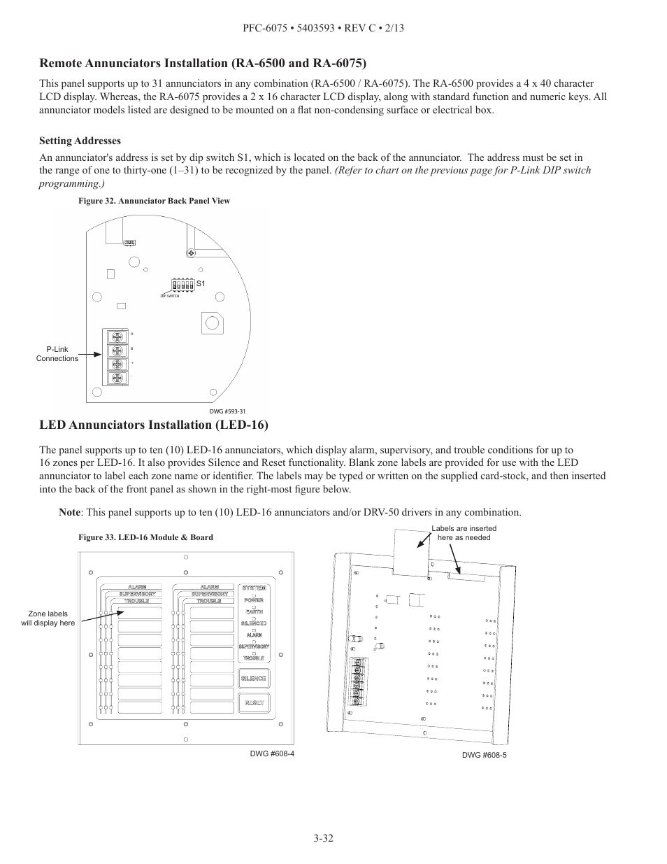 Led annunciators installation (led-16) | Potter PFC-6075 User Manual | Page 38 / 127