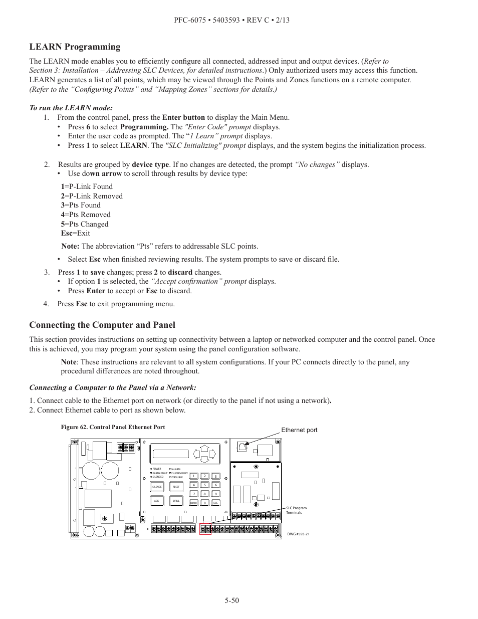 Learn programming, Connecting the computer and panel | Potter PFC-6075 User Manual | Page 56 / 127