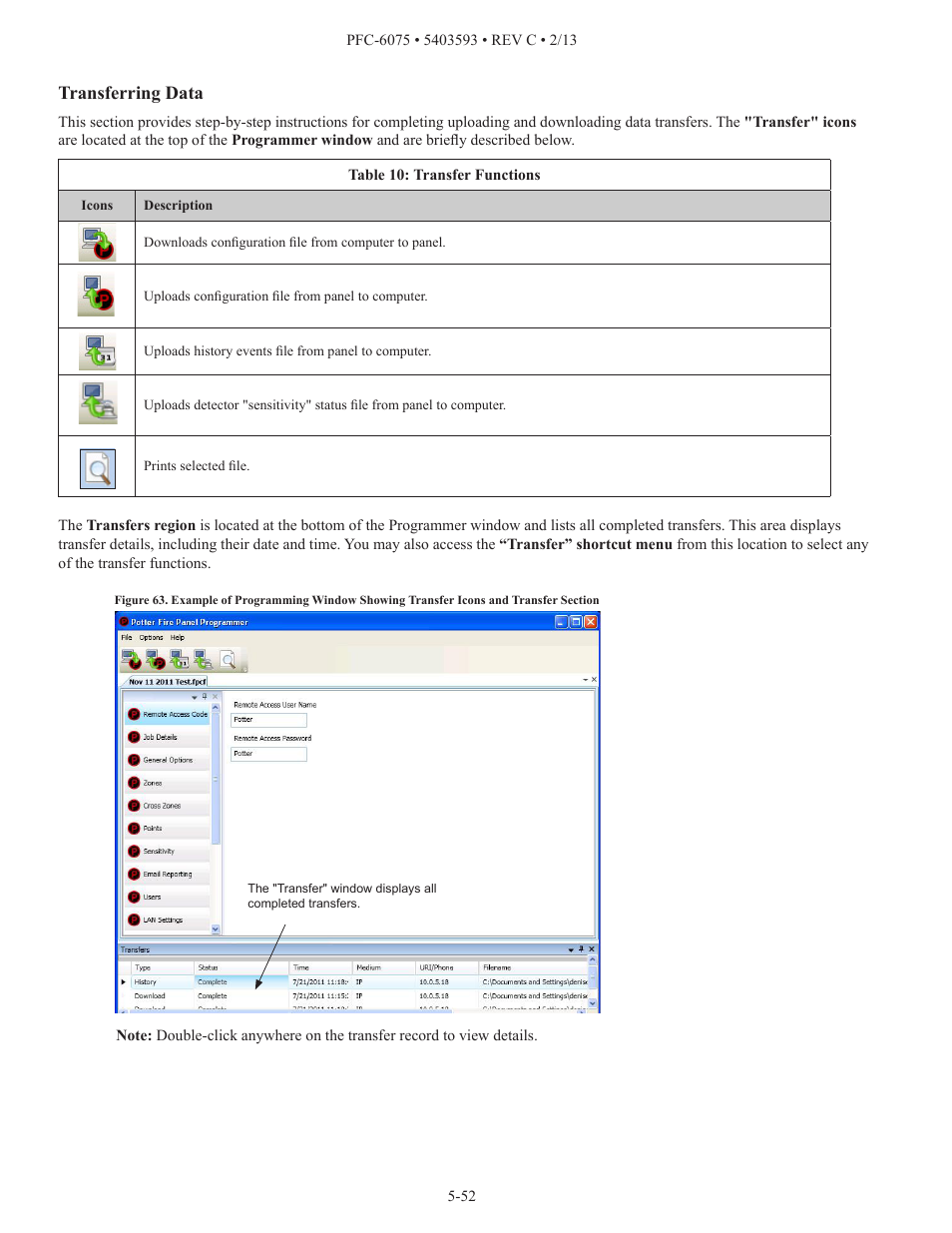 Transferring data | Potter PFC-6075 User Manual | Page 58 / 127