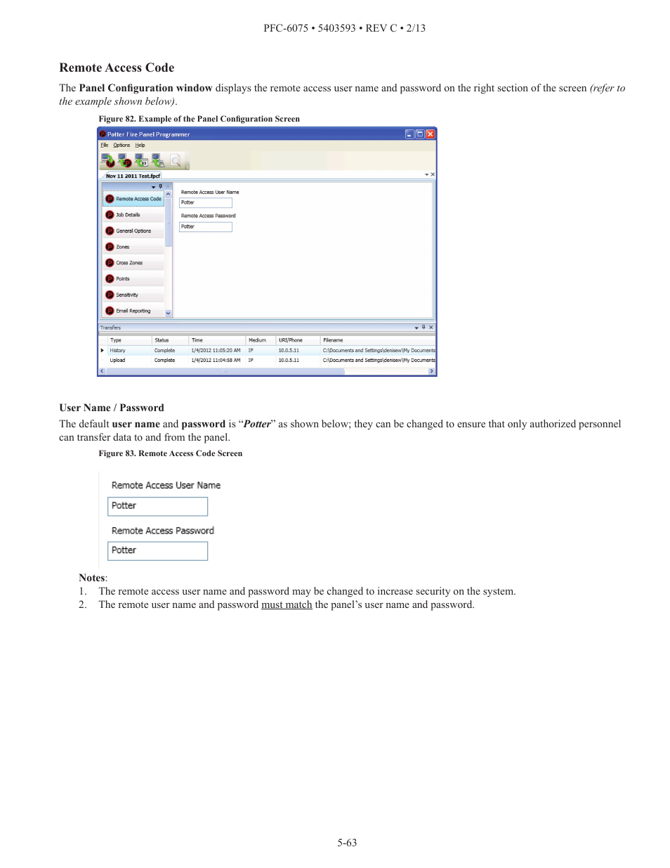 Remote access code | Potter PFC-6075 User Manual | Page 69 / 127