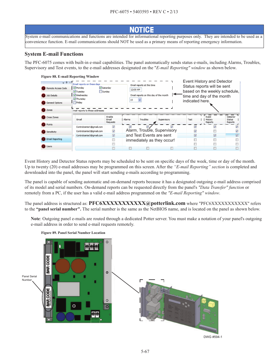 System e-mail functions | Potter PFC-6075 User Manual | Page 73 / 127