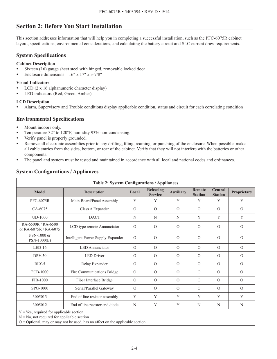 System specifications, Environmental specifications, System configurations / appliances | Potter PFC-6075R User Manual | Page 10 / 136