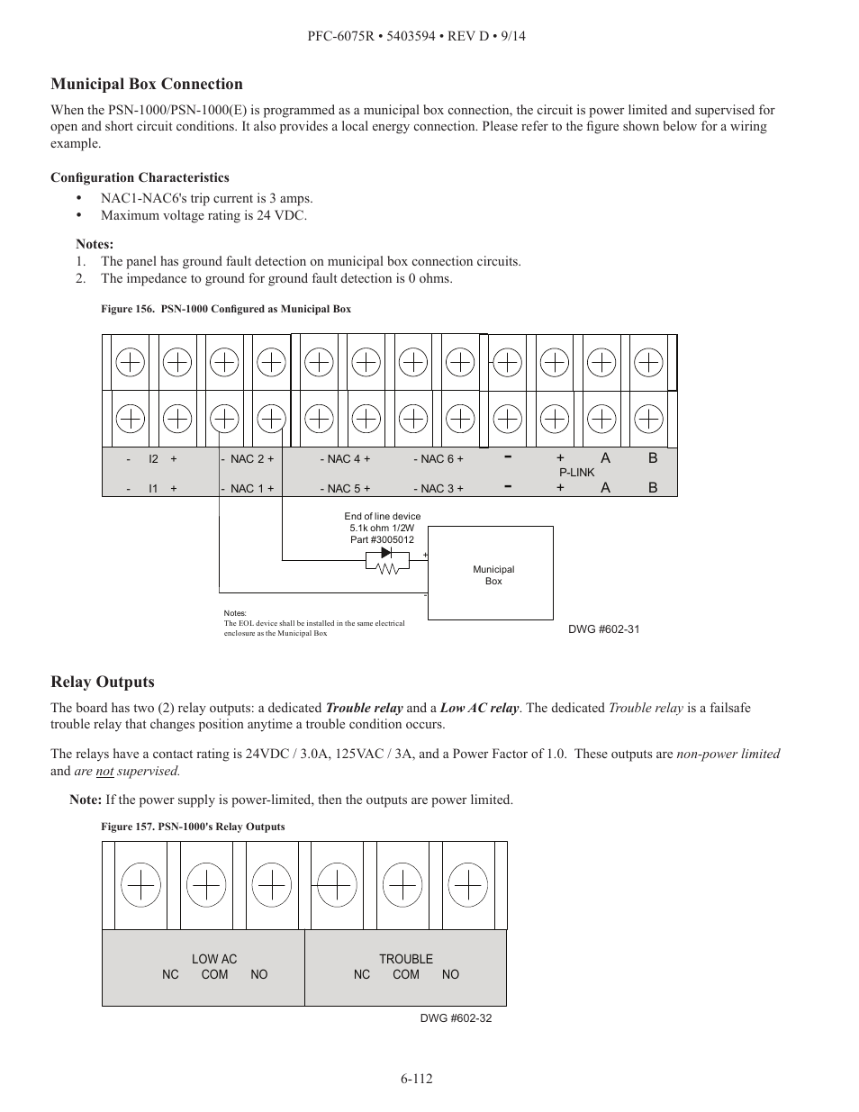 Municipal box connection, Relay outputs | Potter PFC-6075R User Manual | Page 118 / 136