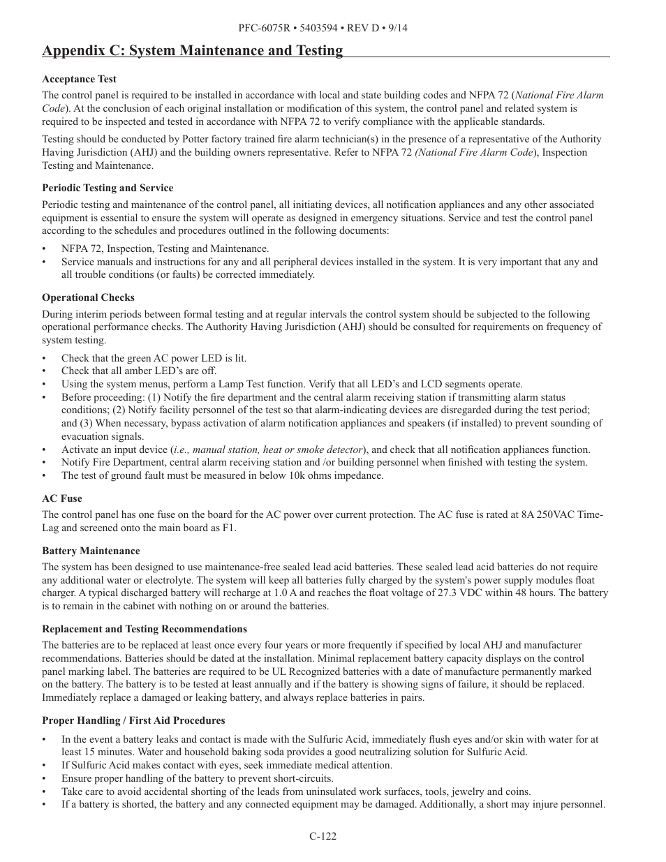 Appendix c: system maintenance and testing | Potter PFC-6075R User Manual | Page 128 / 136