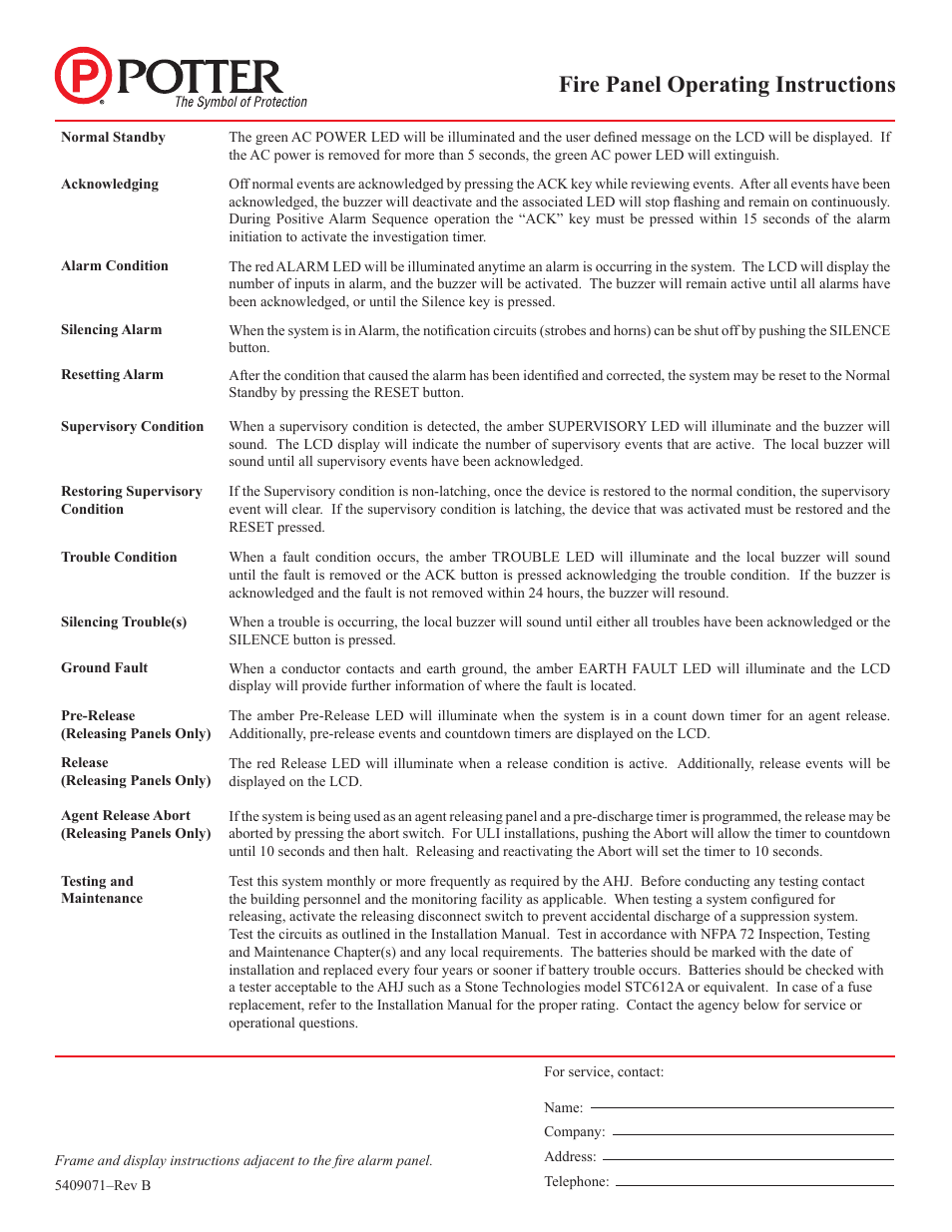 Fire panel operating instructions | Potter PFC-6075R User Manual | Page 133 / 136