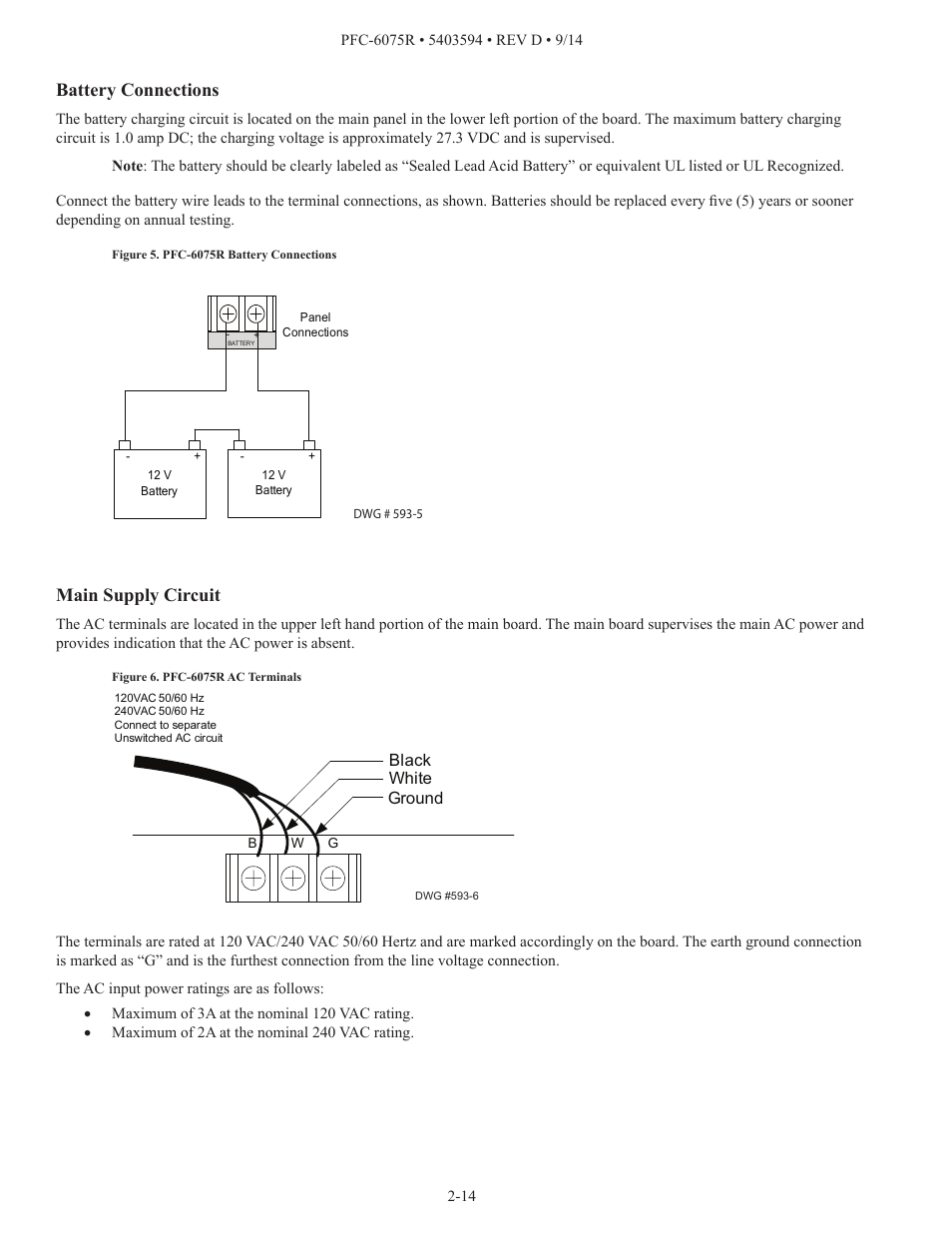 Battery connections, Main supply circuit | Potter PFC-6075R User Manual | Page 20 / 136