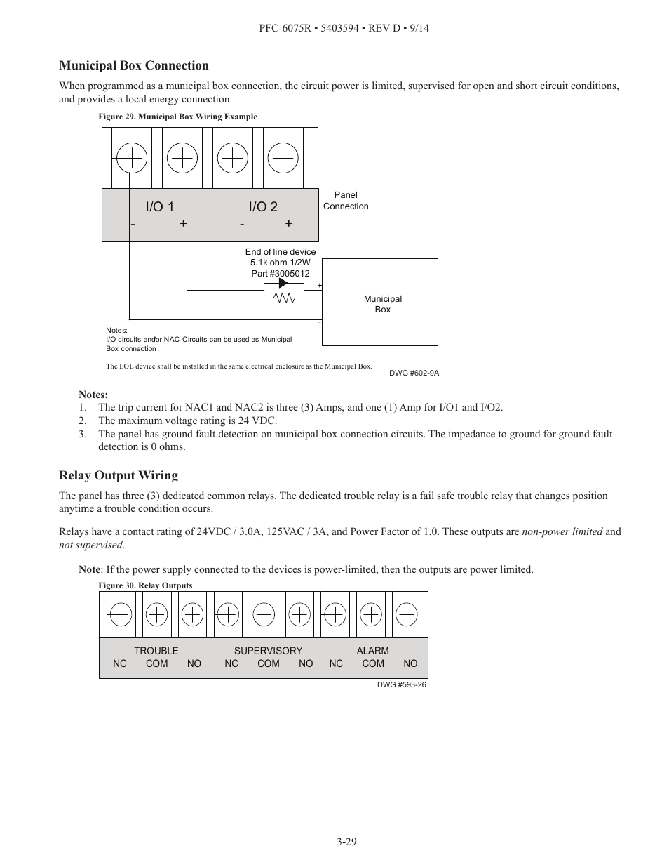 I/o 1 i/o 2, Municipal box connection, Relay output wiring | Potter PFC-6075R User Manual | Page 35 / 136