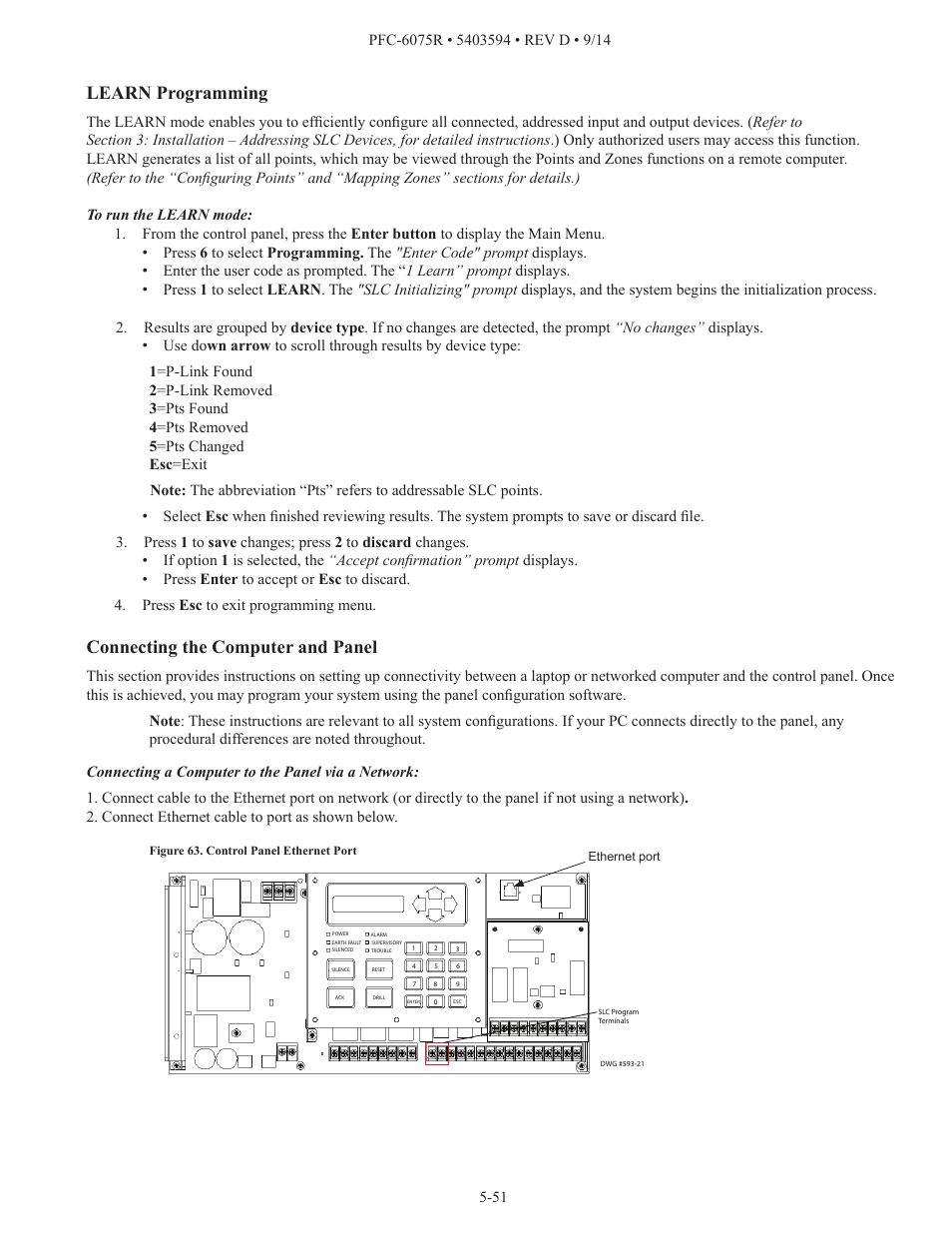 Learn programming, Connecting the computer and panel | Potter PFC-6075R User Manual | Page 57 / 136
