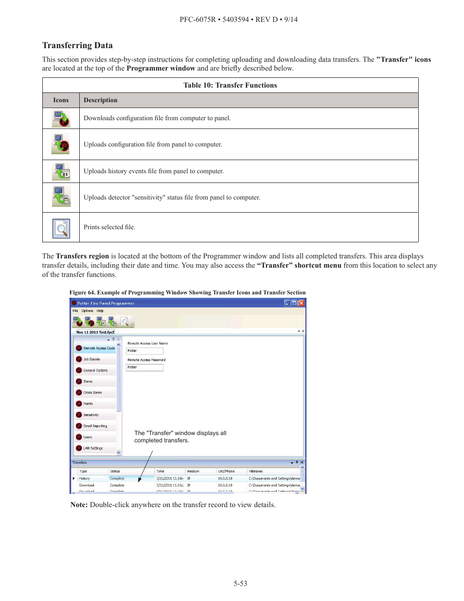 Transferring data | Potter PFC-6075R User Manual | Page 59 / 136