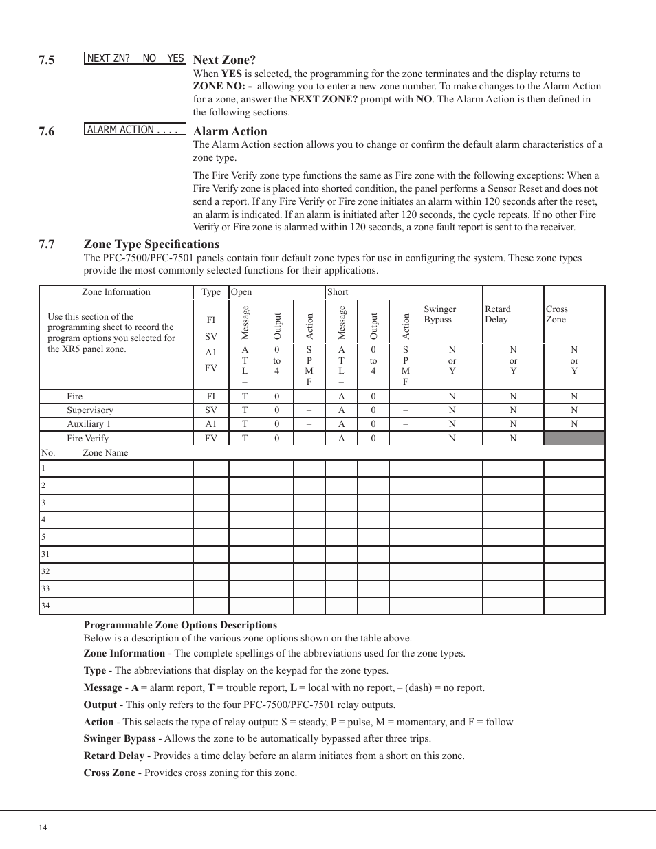 Next zone, Alarm action, 7 zone type specifications | Potter PFC-7501 User Manual | Page 18 / 26