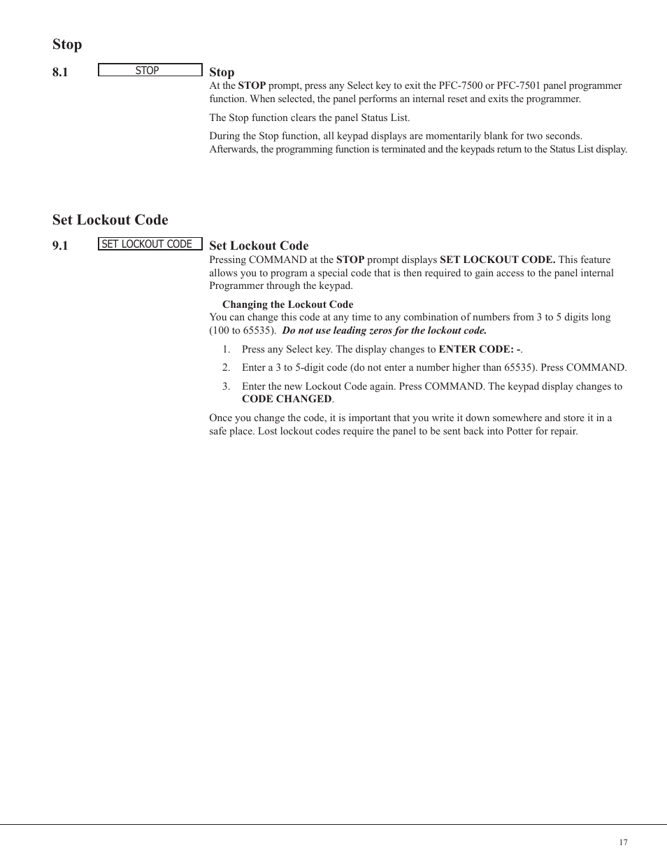 Stop set lockout code | Potter PFC-7501 User Manual | Page 21 / 26