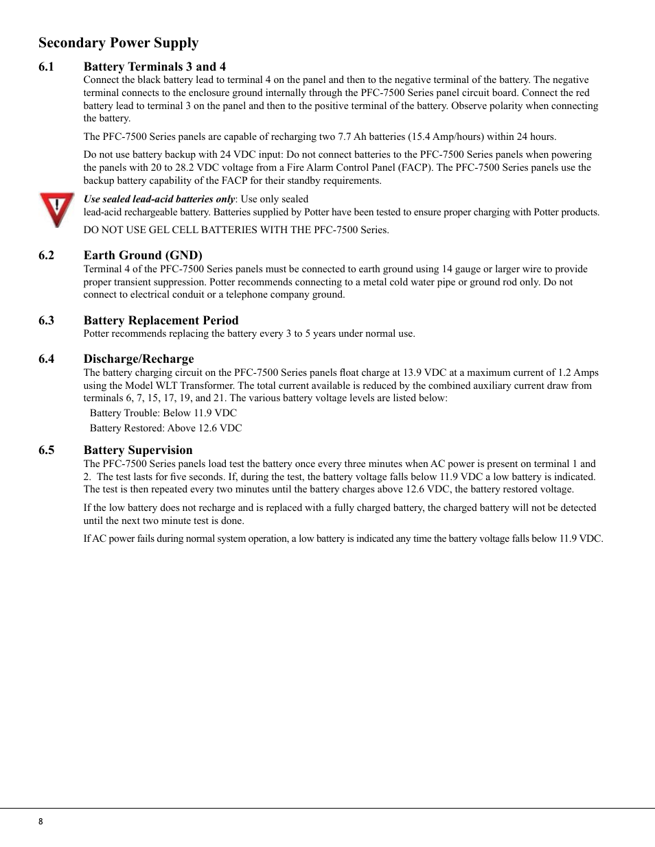 Secondary power supply | Potter PFC-7500 Series User Manual | Page 12 / 28
