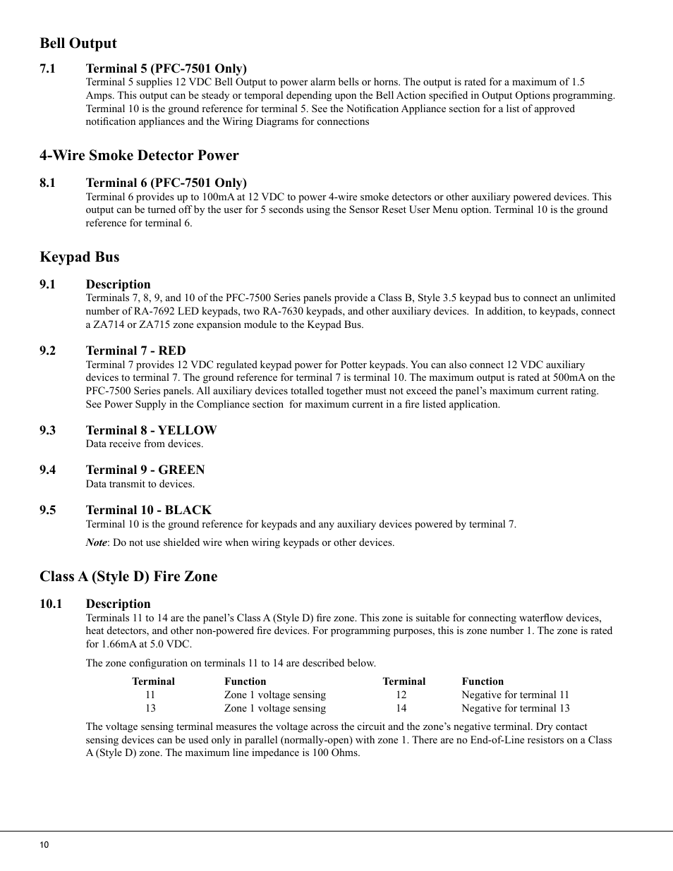 Wire smoke detector power, Keypad bus, Class a (style d) fire zone | Bell output | Potter PFC-7500 Series User Manual | Page 14 / 28