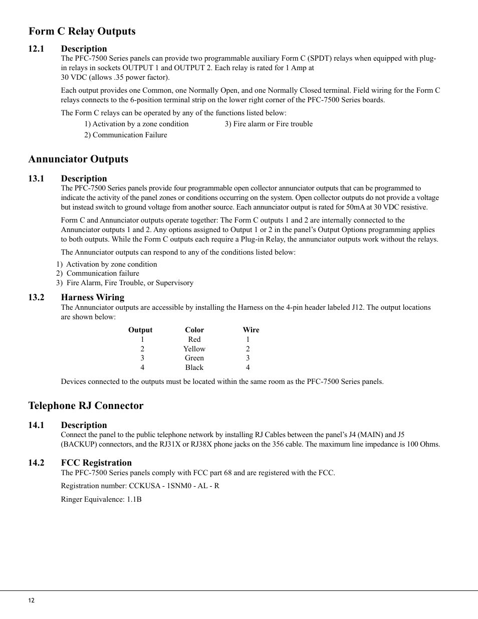 Annunciator outputs, Telephone rj connector, Form c relay outputs | Potter PFC-7500 Series User Manual | Page 16 / 28