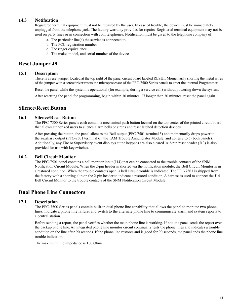 Reset jumper j9, Silence/reset button, Dual phone line connectors | Potter PFC-7500 Series User Manual | Page 17 / 28