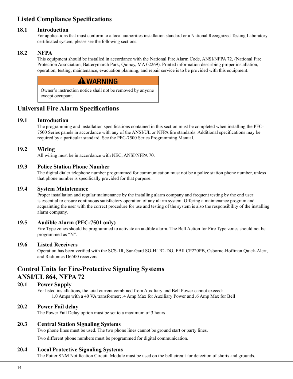 Universal fire alarm specifications, Listed compliance specifications | Potter PFC-7500 Series User Manual | Page 18 / 28