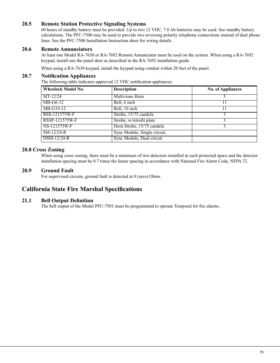 California state fire marshal specifications | Potter PFC-7500 Series User Manual | Page 19 / 28