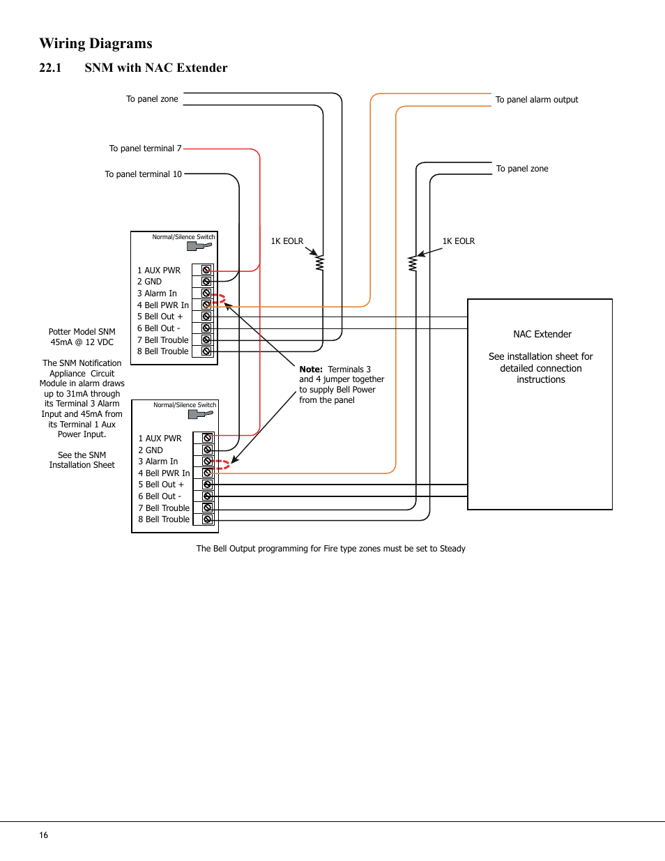 Wiring diagrams, 1 snm with nac extender | Potter PFC-7500 Series User Manual | Page 20 / 28