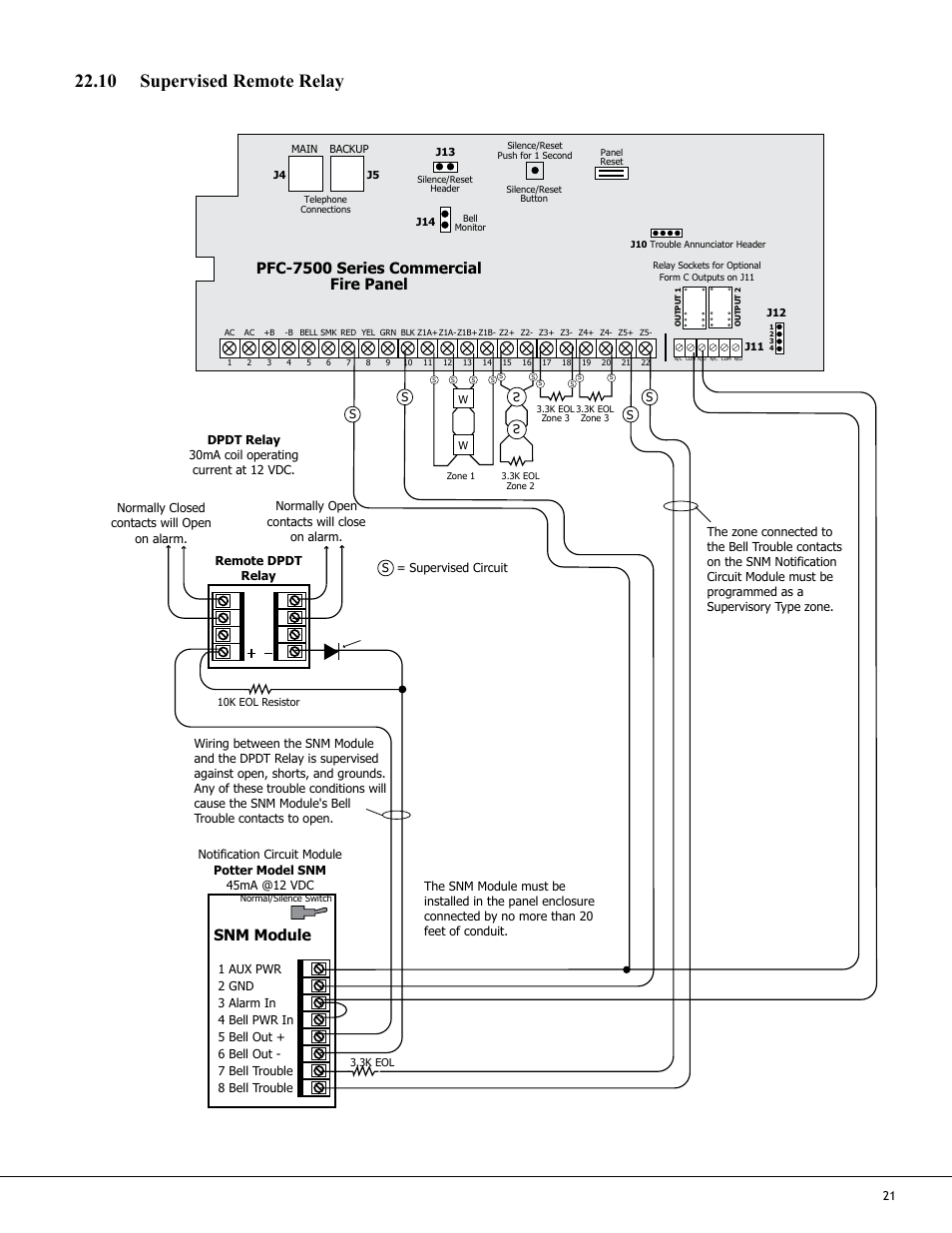 10 supervised remote relay, Pfc-7500 series commercial fire panel, Snm module | Potter PFC-7500 Series User Manual | Page 25 / 28