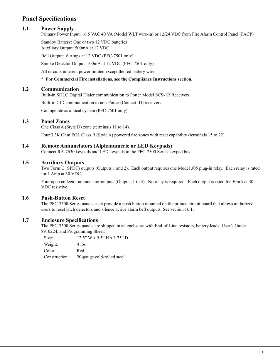 Panel specifications | Potter PFC-7500 Series User Manual | Page 5 / 28