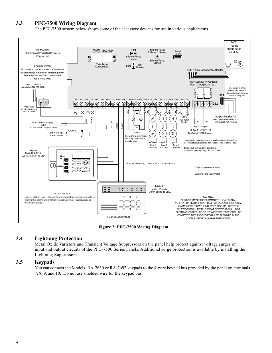 4 lightning protection, 5 keypads | Potter PFC-7500 Series User Manual | Page 8 / 28
