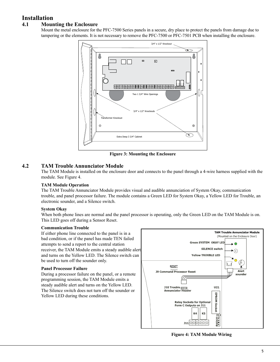 Installation, 1 mounting the enclosure, 2 tam trouble annunciator module | Potter PFC-7500 Series User Manual | Page 9 / 28