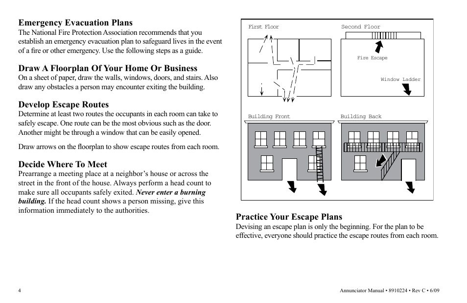 Emergency evacuation plans, Draw a floorplan of your home or business, Develop escape routes | Decide where to meet, Practice your escape plans | Potter RA-7692 User Manual | Page 4 / 16